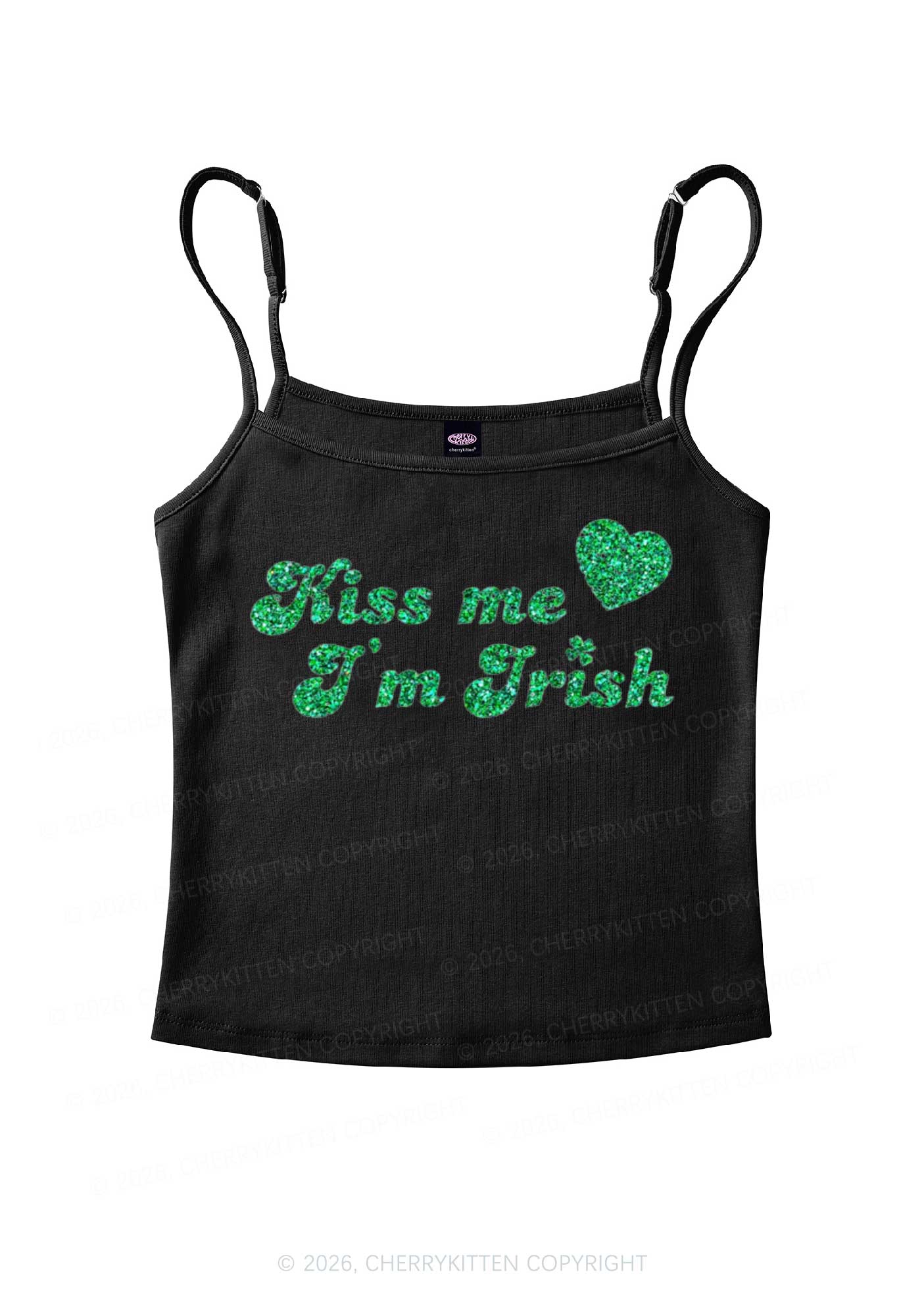 Glitter Kiss Me Im Irish St Patricks Y2K Spaghetti Strap Cami Cherrykitten