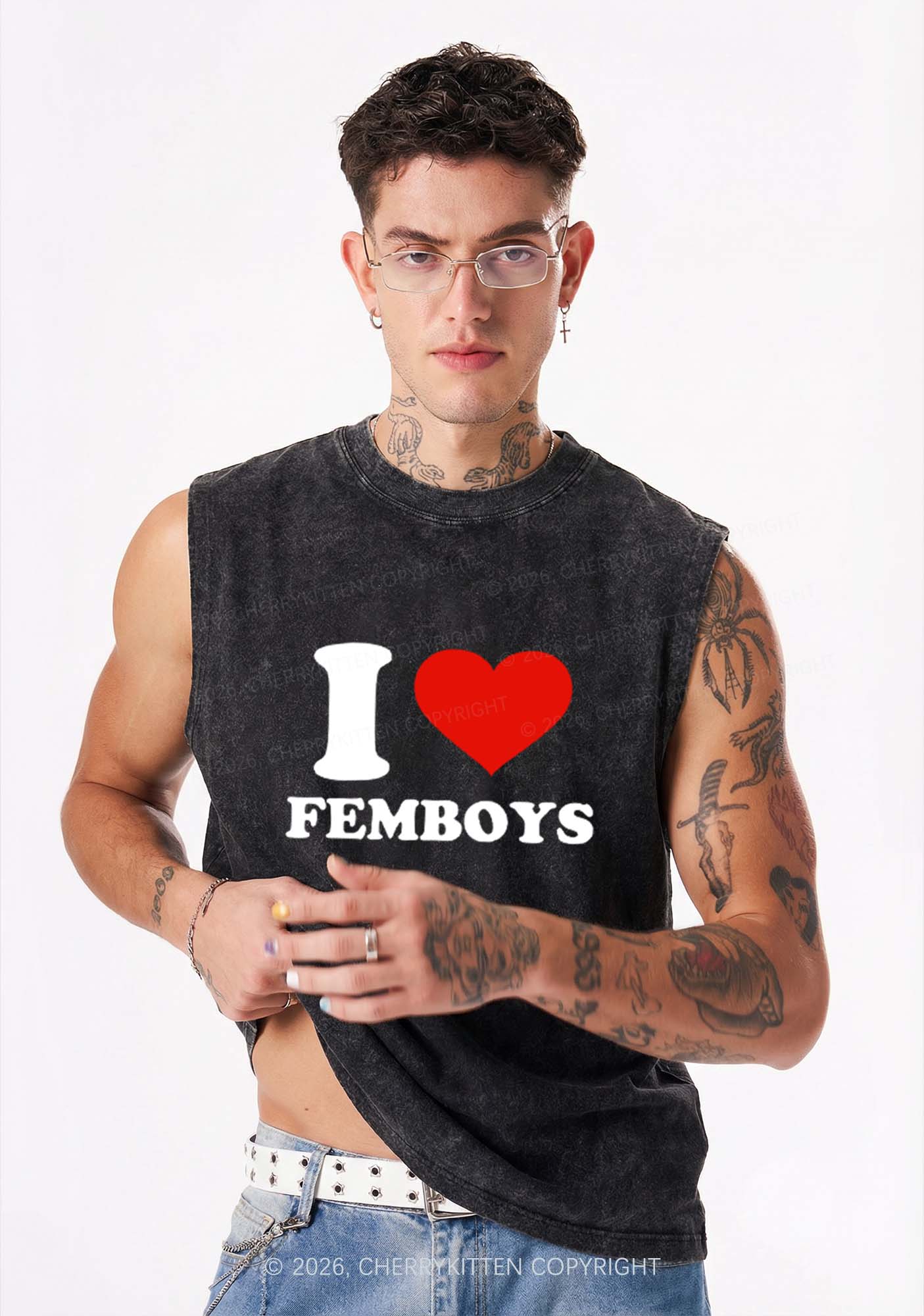 I Love Femboys Pride Y2K Washed Muscle Tank Cherrykitten