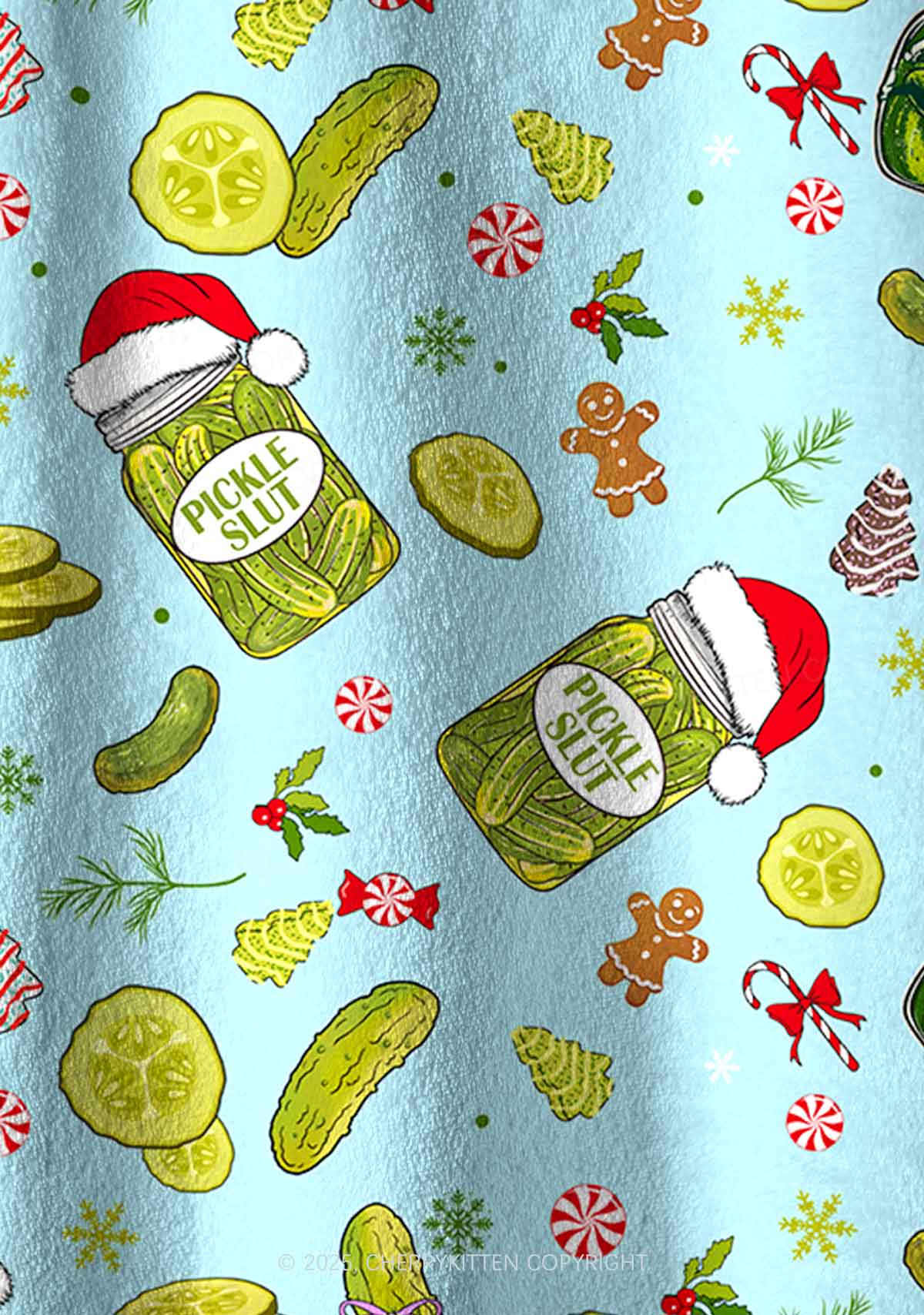 Christmas Green Santa Pickle Y2K Fleece Long Sleeve Pajama Set Cherrykitten