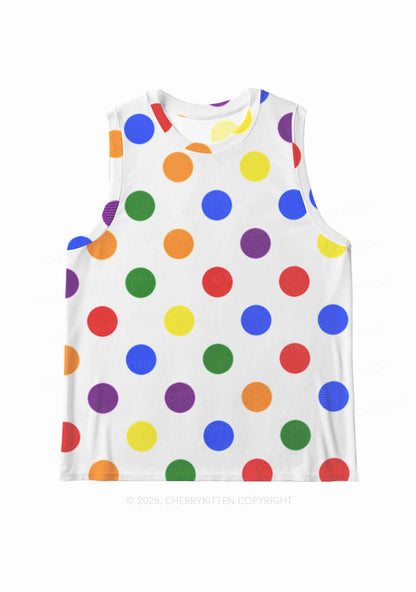 Rainbow Dots On White Pride Y2K Mesh Muscle Tank Cherrykitten