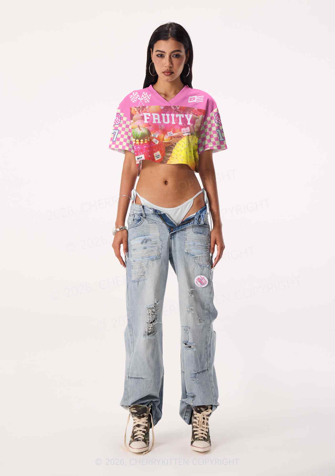 Pink Fruity Pride Y2K Crop Sport Jersey Shirts Cherrykitten