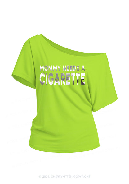 Mommy Needs A Cigarette Silver Foil Printed Y2K Off Shoulder Tee Cherrykitten