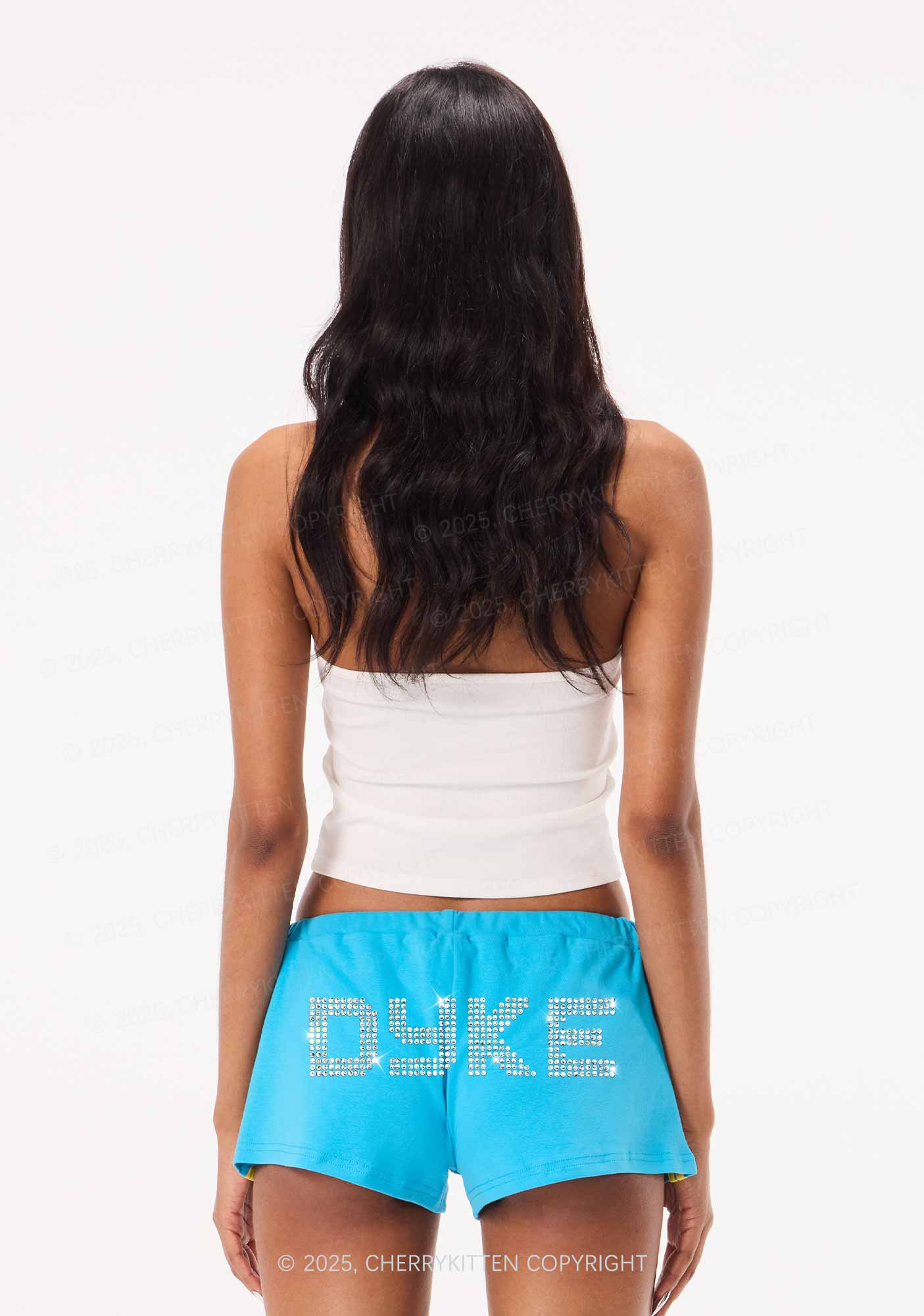 Rhinestone Dyke Pride Y2K Drawstring Mini Shorts Cherrykitten