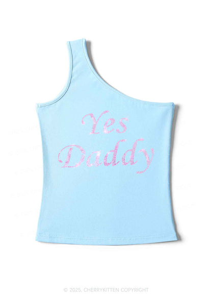 Rhinestone Yes Daddy Y2K One Shoulder Tank Top Cherrykitten