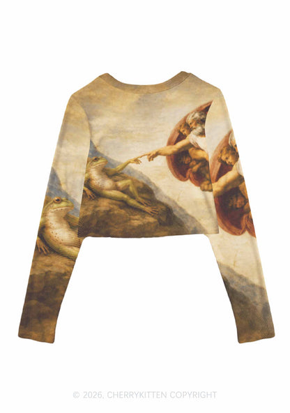 God Hand Touching Frog Y2K Mesh Long Sleeve Crop Top Cherrykitten