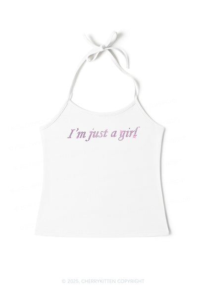 Rhinestone Just A Girl Y2K Halter Neck Cami Cherrykitten