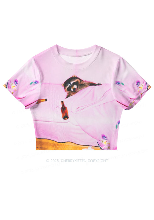 Pink Couch Raccoon Y2K Mesh Crop Top Cherrykitten