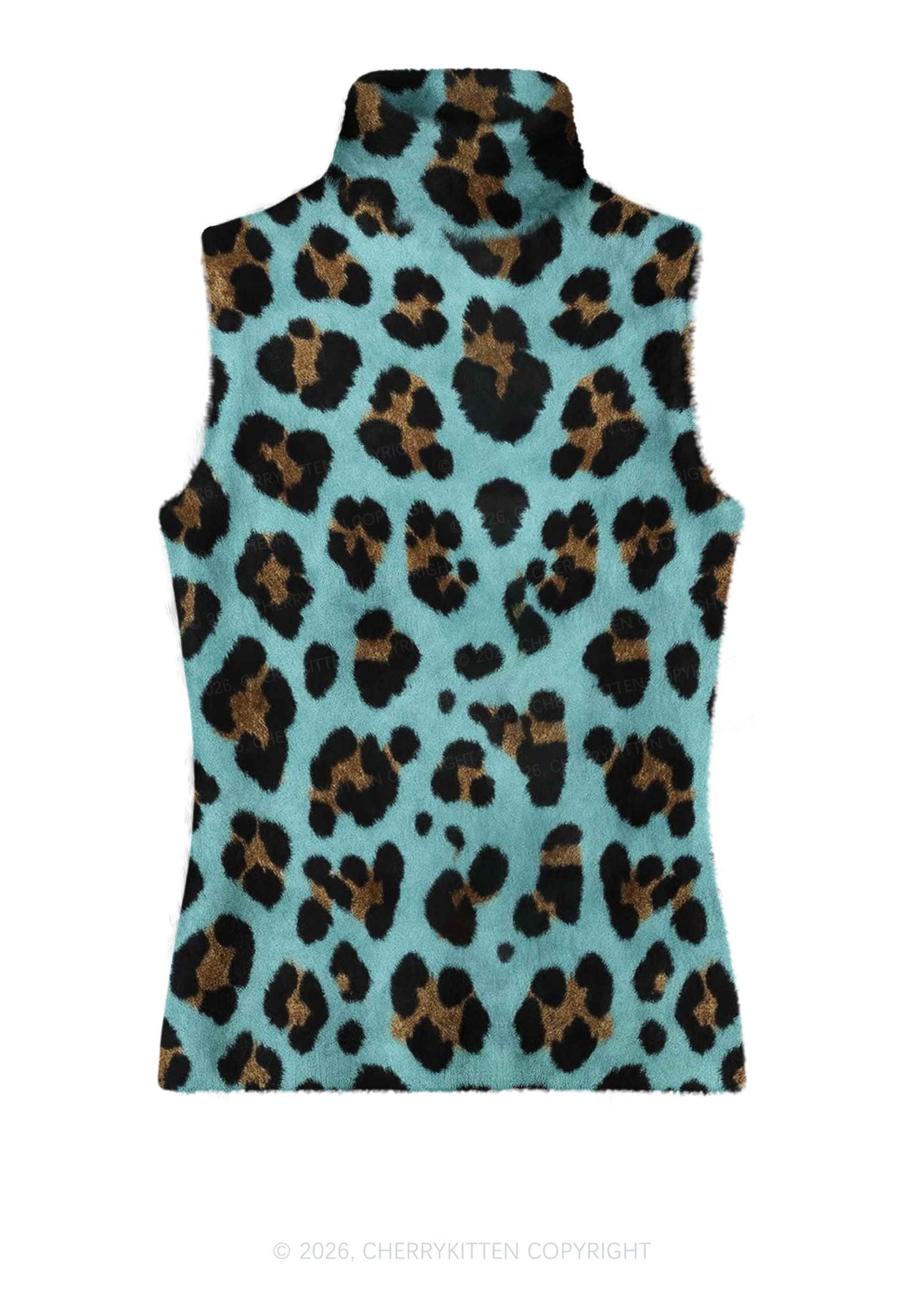 Mint Green Leopard Y2K Knit Turtleneck Tank Top Cherrykitten