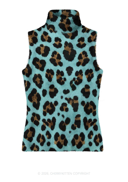 Mint Green Leopard Y2K Knit Turtleneck Tank Top Cherrykitten
