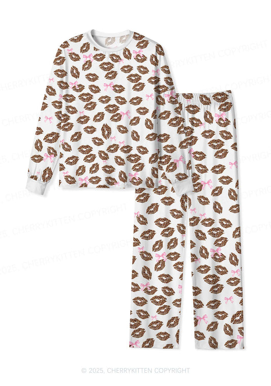 Leopard Lip Print Valentine's Day Y2K Print Long Sleeve Pajama Set Cherrykitten