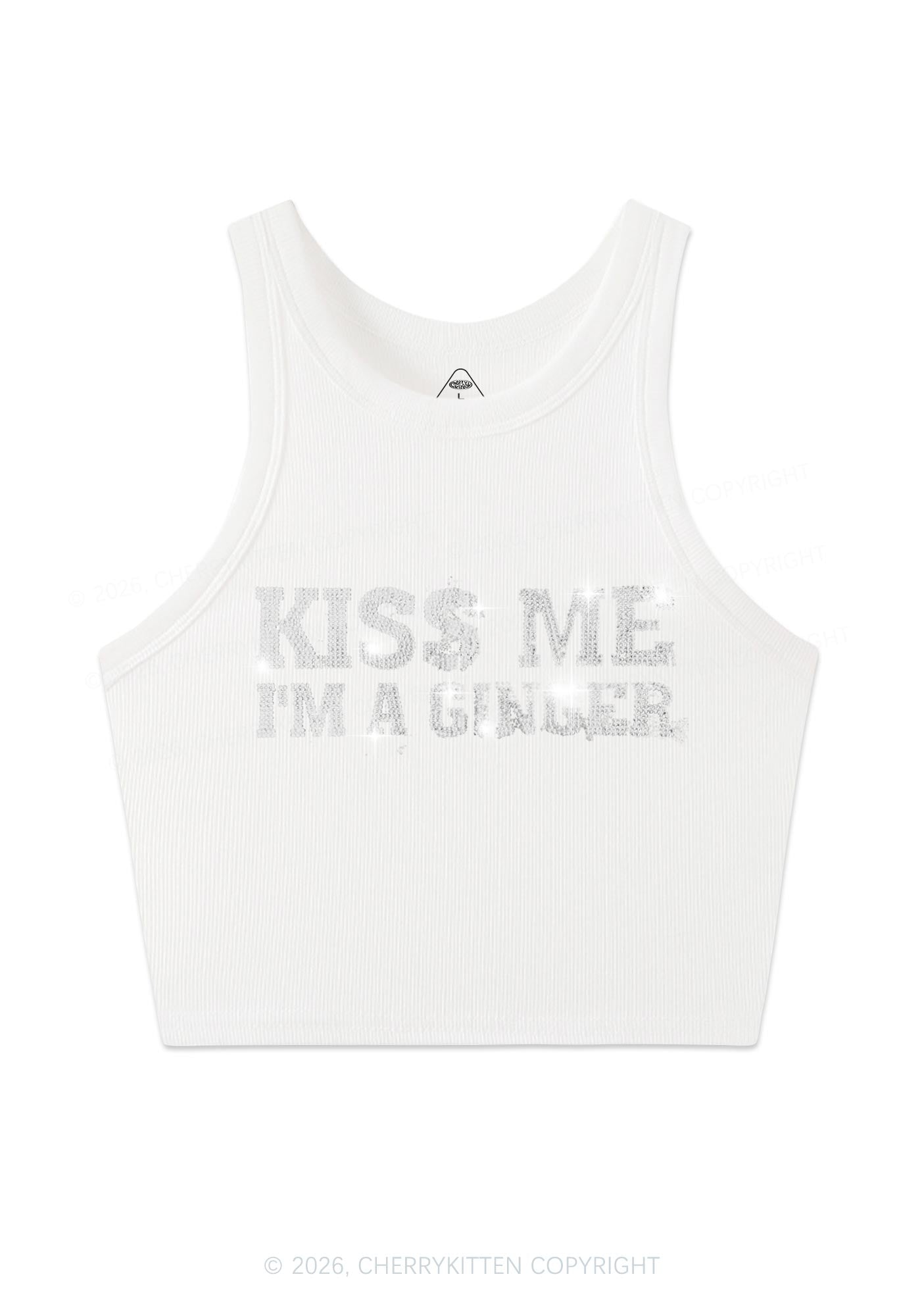 Rhinestone Kiss Me Im Ginger St Patricks Y2K Crop Tank Top Cherrykitten