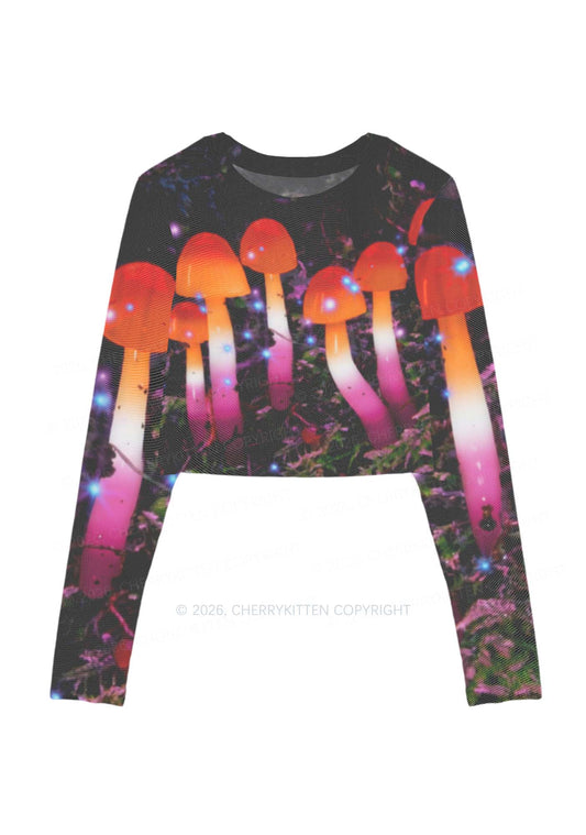 Lesbian Glowing Mushroom Pride Y2K Mesh Long Sleeve Crop Top Cherrykitten