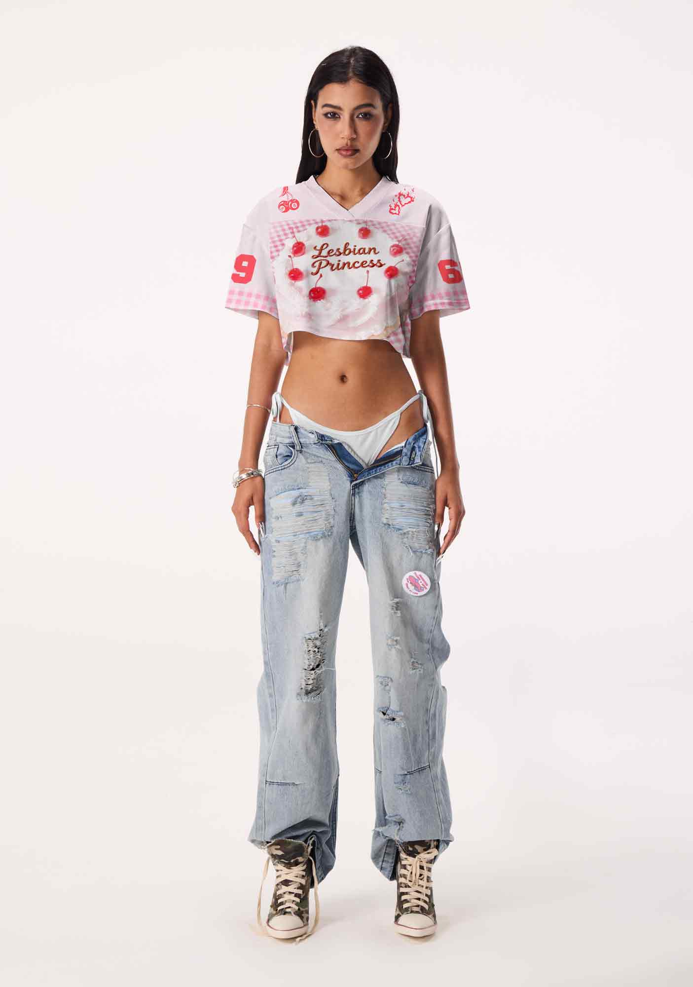 Lesbian Princess Cake Pink Plaid Pride Y2K Crop Sport Jersey Shirts Cherrykitten
