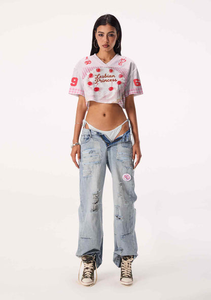 Lesbian Princess Cake Pink Plaid Pride Y2K Crop Sport Jersey Shirts Cherrykitten
