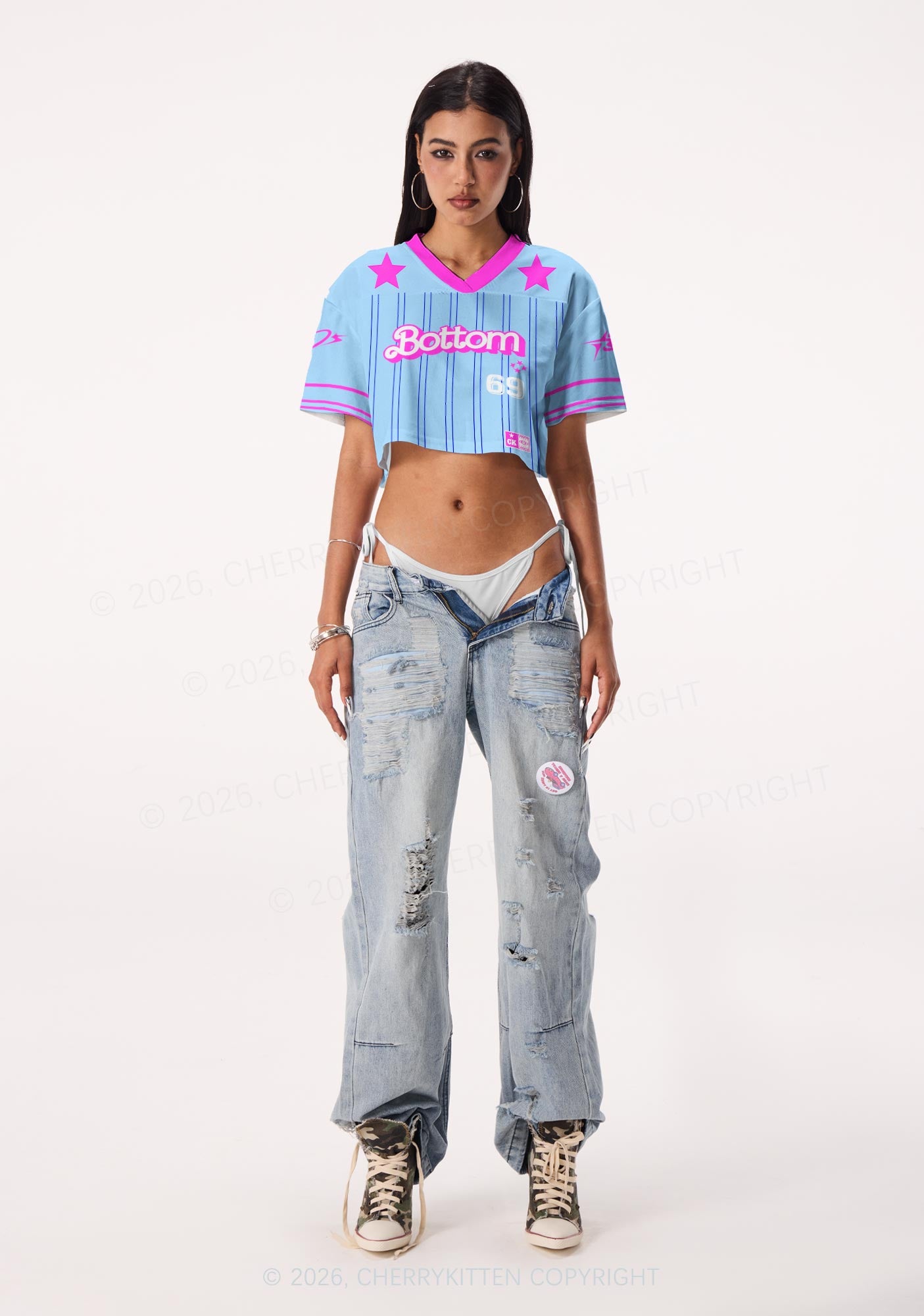 Blue Bottom Pride Y2K Crop Sport Jersey Shirts Cherrykitten