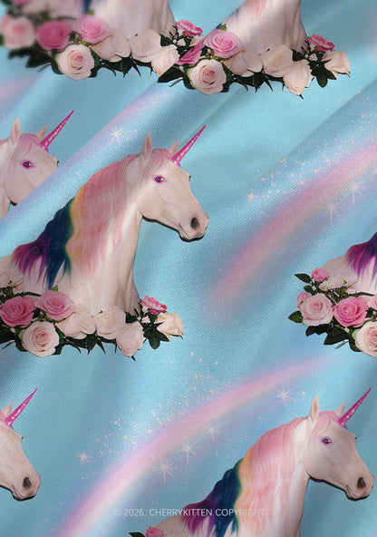 Blue Unicorn Y2K Print Satin Cowl Neck Slip Dress Cherrykitten