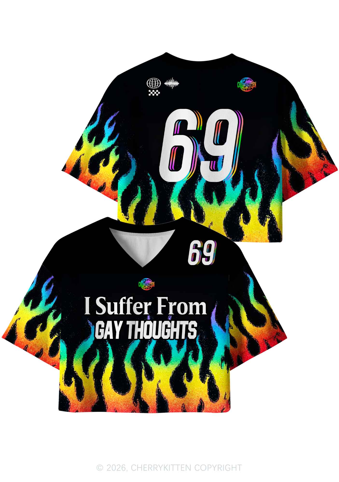 Gay Thoughts Rainbow Flame Pride Y2K Crop Sport Jersey Shirts Cherrykitten