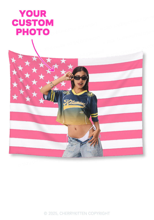 Custom Portrait American Pink Flag Y2K Tapestry Cherrykitten