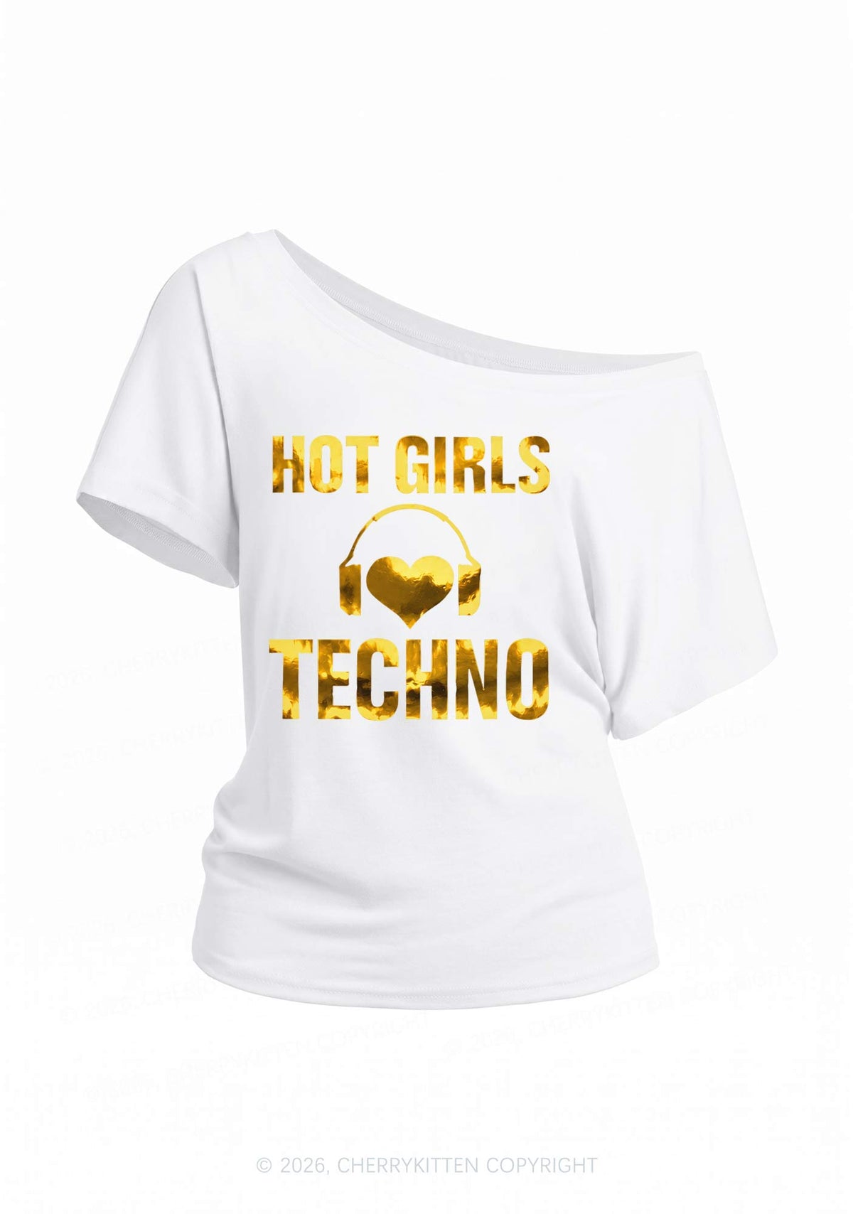 Hot Girls Love Techno Silver Foil Printed Y2K Off Shoulder Tee Cherrykitten