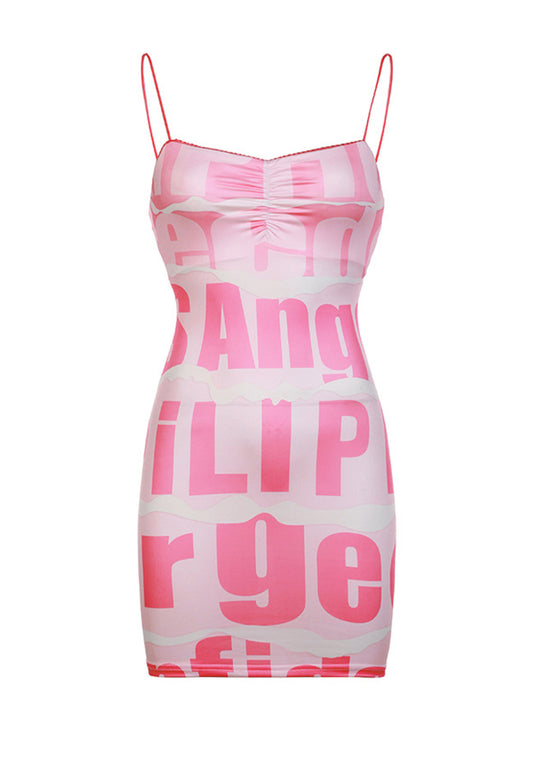 Personality Letter Print Pink Suspender Dress