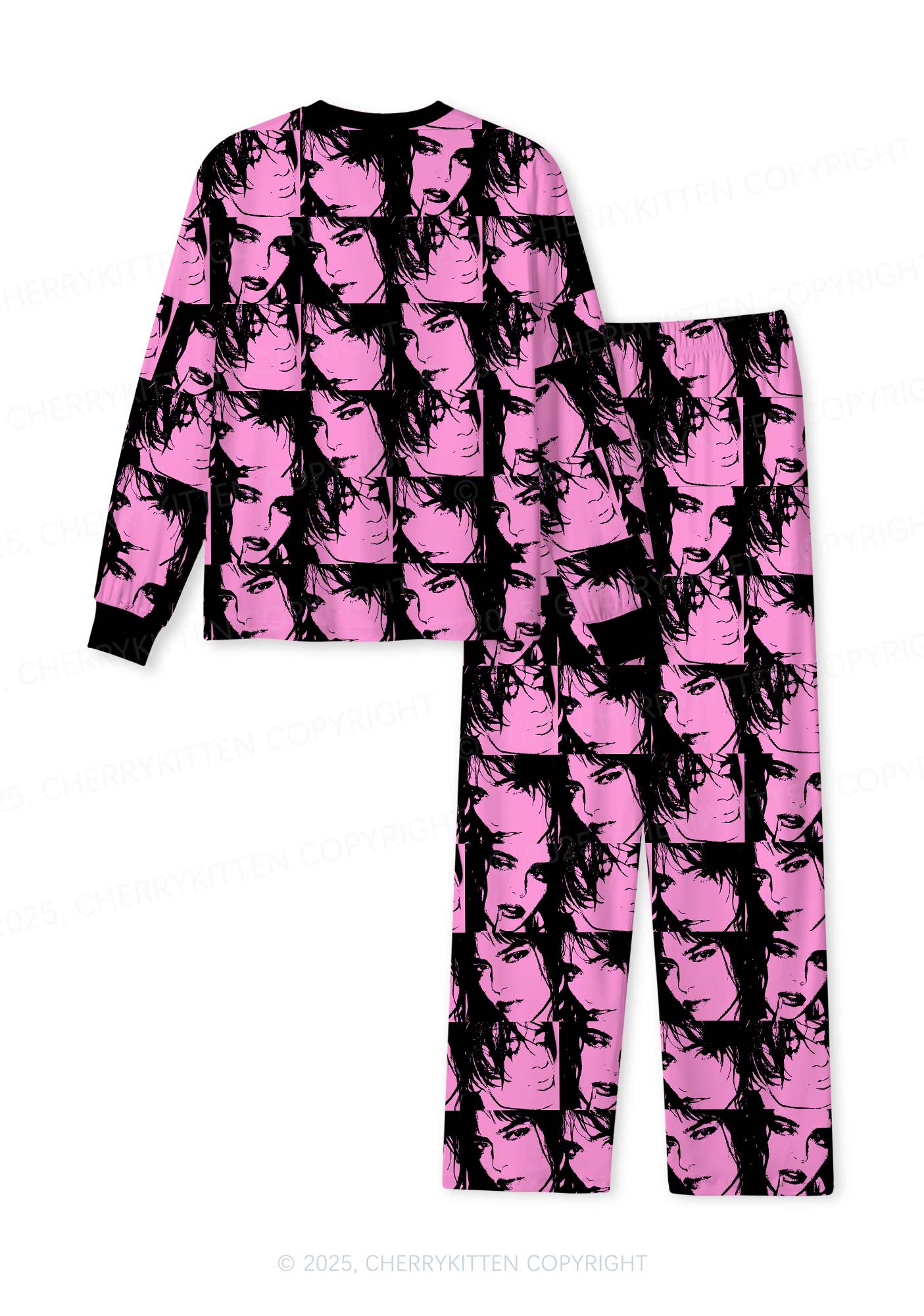 Pink Custom Portrait Valentine's Day Y2K Print Long Sleeve Pajama Set Cherrykitten