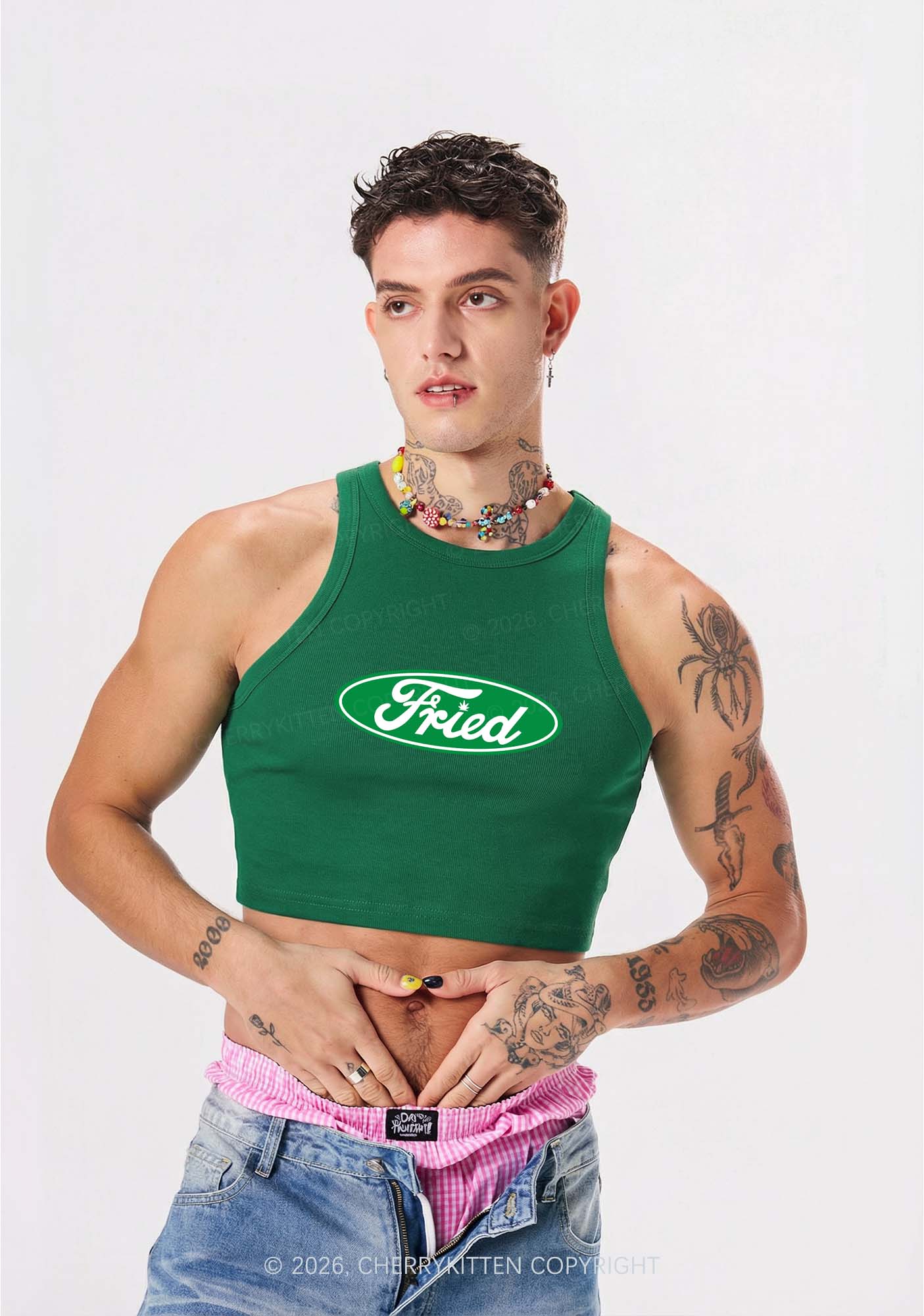 Green Fried Y2K Crop Tank Top Cherrykitten