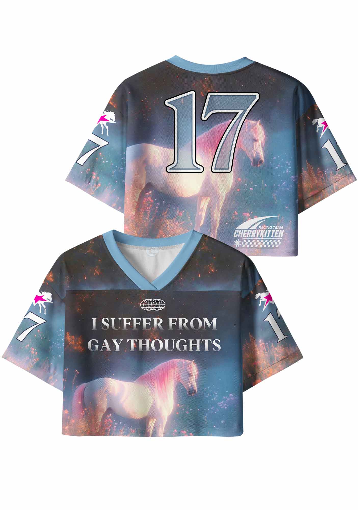 Pink Hair Horse Suffer From Gay Thoughts Pride Y2K Crop Sport Jersey Shirts Cherrykitten