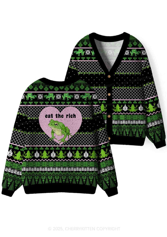 Eat The Rich Frog Y2K Christmas Cardigan Knit Sweatshirt Cherrykitten