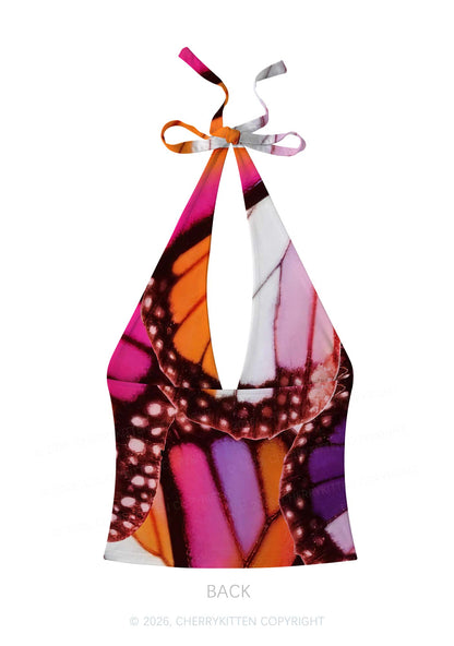 Lesbian Butterfly Wing Pride Y2K Print Halter Deep V Neck Cami Cherrykitten