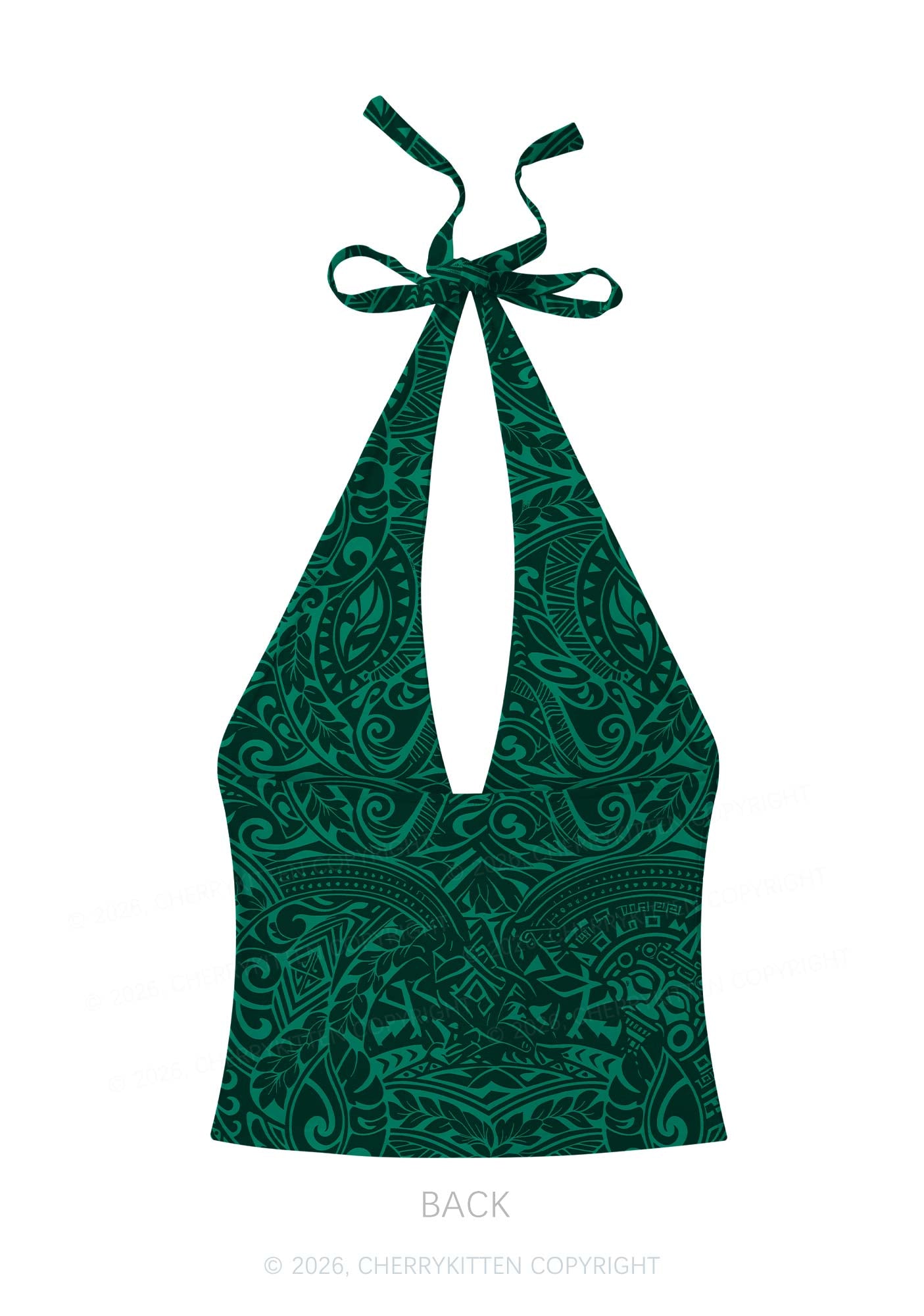 Green Swirl Leaf Y2K Print Halter Deep V Neck Cami Cherrykitten