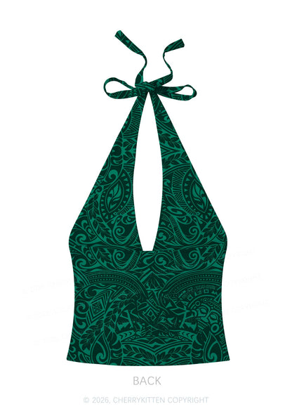 Green Swirl Leaf Y2K Print Halter Deep V Neck Cami Cherrykitten