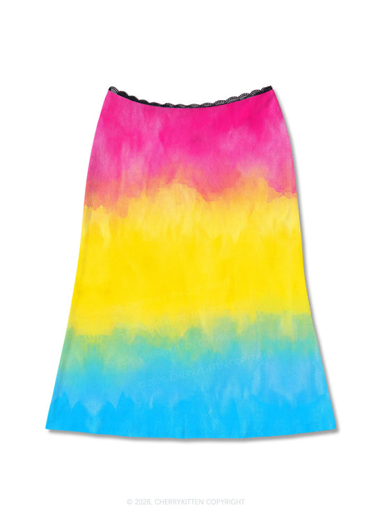Pansexual Tie Dye Pride Y2K Print Midi Skirt Cherrykitten