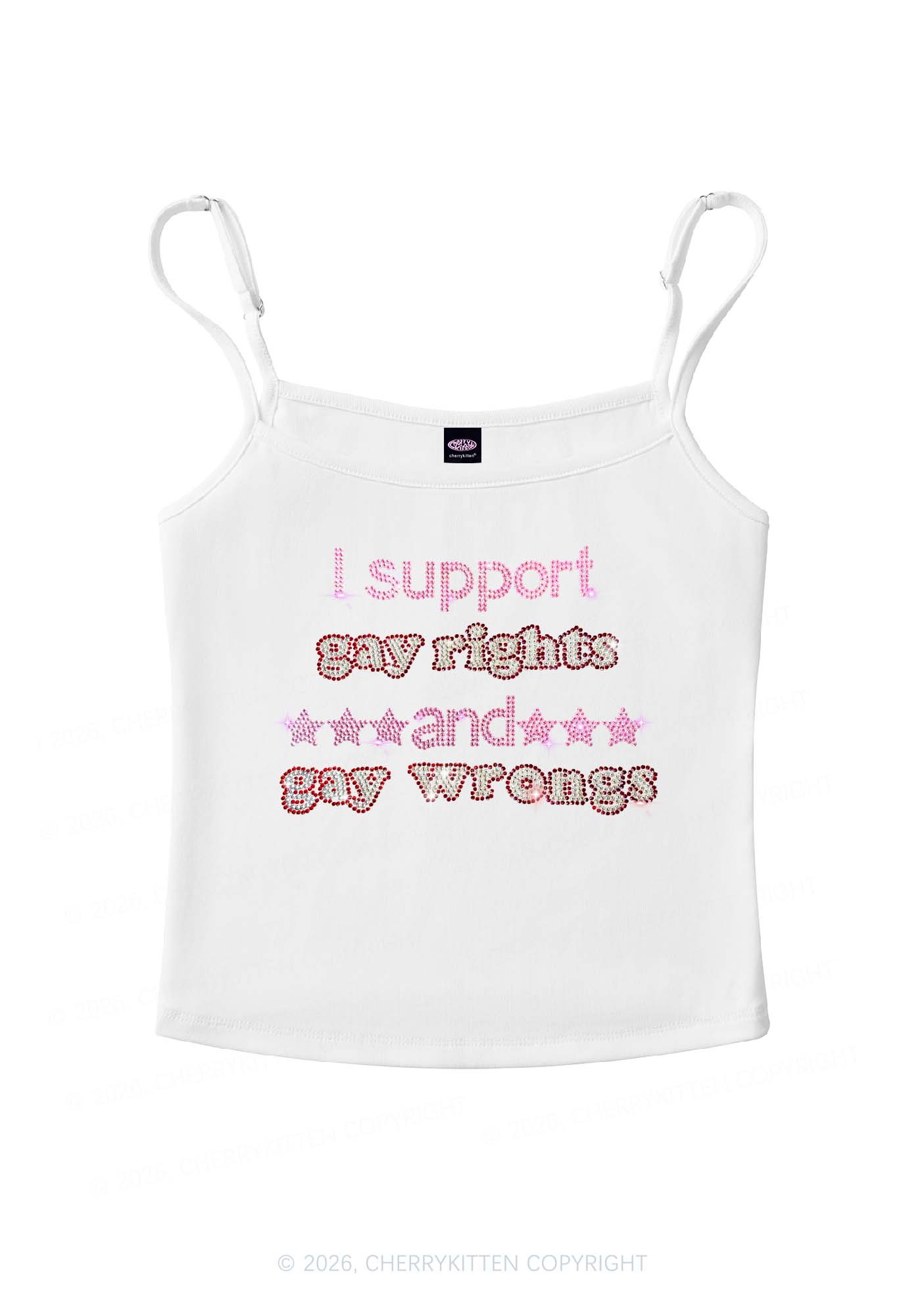 Rhinestone I Support Gay Rights Y2K Spaghetti Strap Cami Cherrykitten