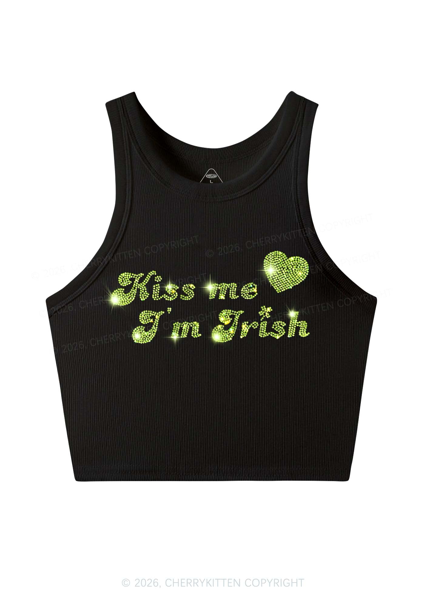 Rhinestone Kiss Me St Patricks Y2K Crop Tank Top Cherrykitten