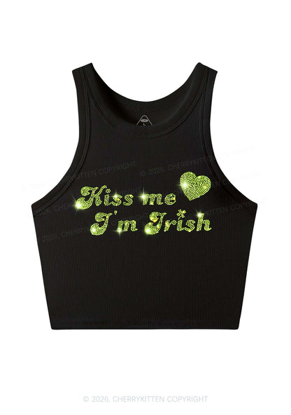 Rhinestone Kiss Me St Patricks Y2K Crop Tank Top Cherrykitten