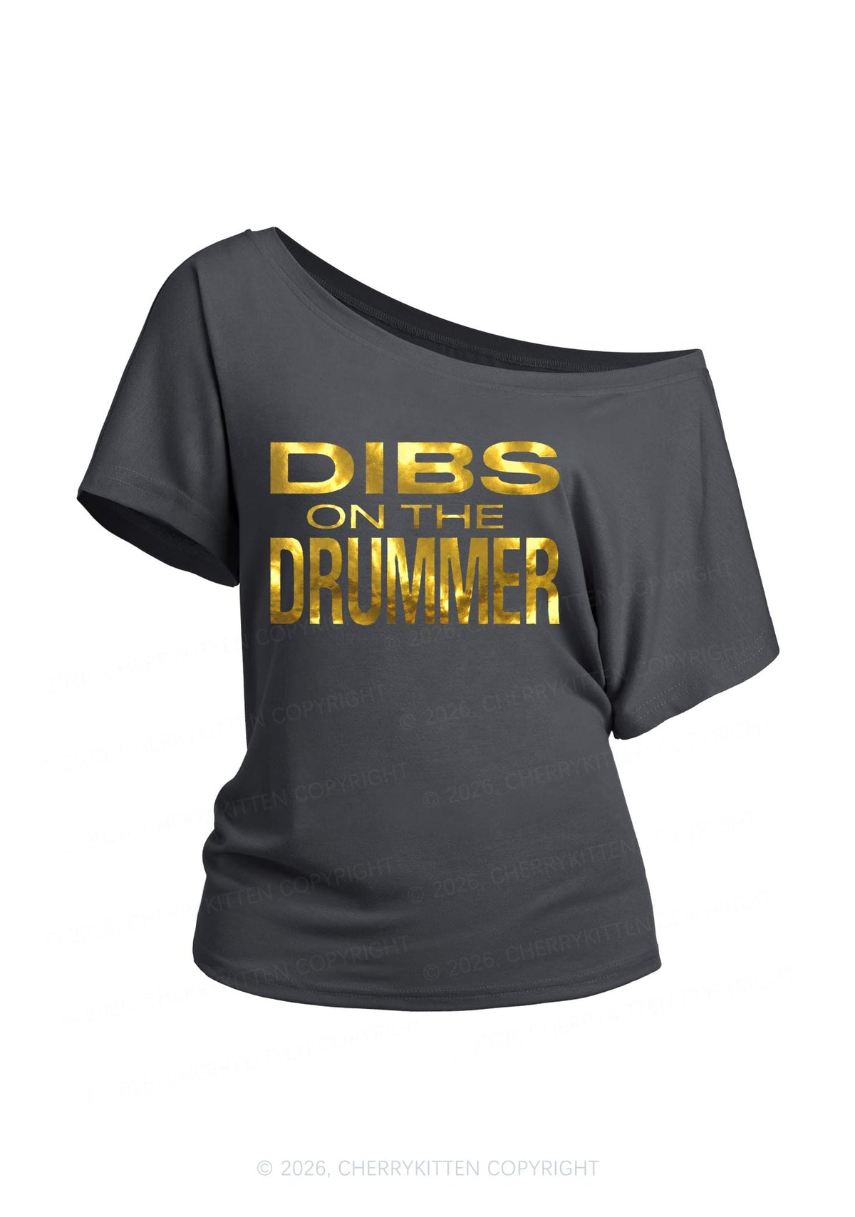 Dibs On The Drummer Silver Foil Printed Y2K Off Shoulder Tee Cherrykitten