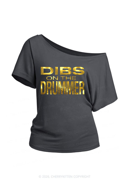 Dibs On The Drummer Silver Foil Printed Y2K Off Shoulder Tee Cherrykitten