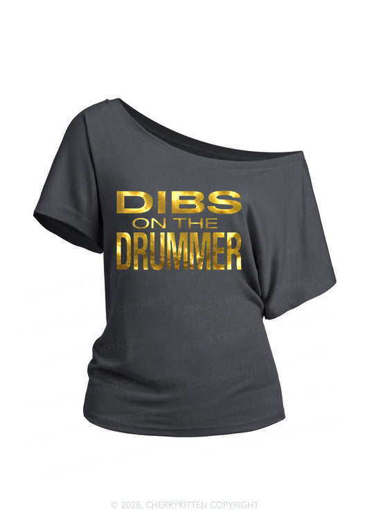 Dibs On The Drummer Silver Foil Printed Y2K Off Shoulder Tee Cherrykitten
