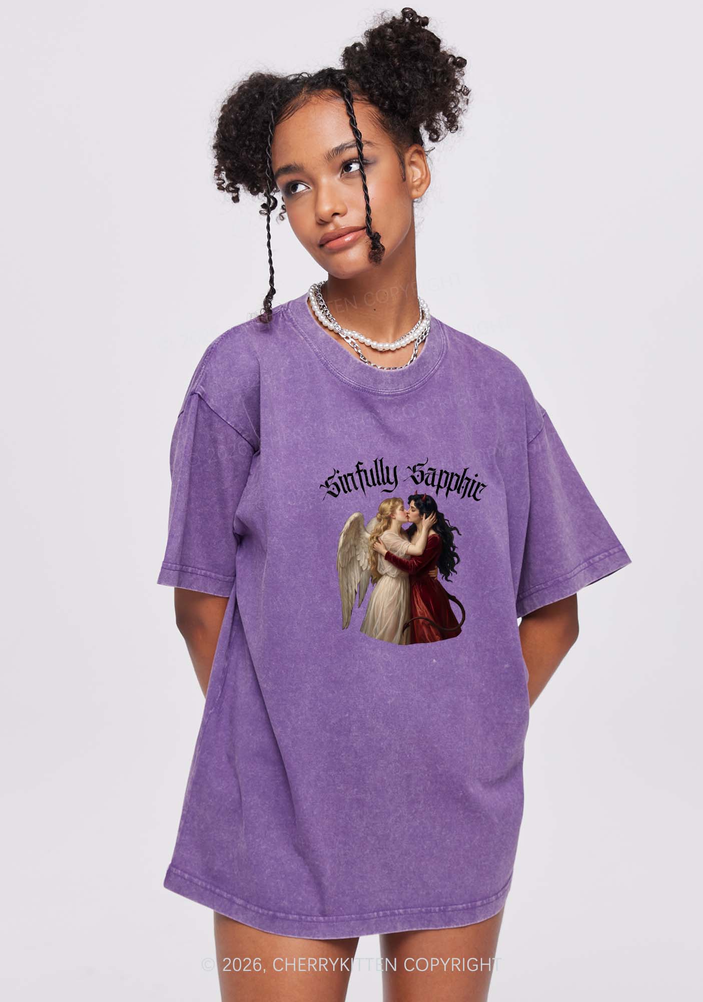 Sinfully Sapphic Pride Y2K Shirts Washed Tee Cherrykitten