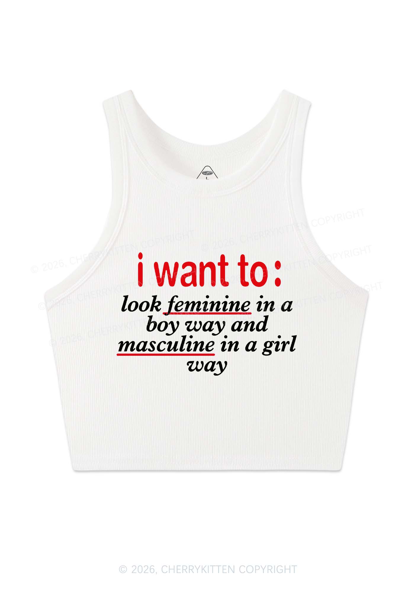 I Want To Feminine Masculine Pride Y2K Crop Tank Top Cherrykitten