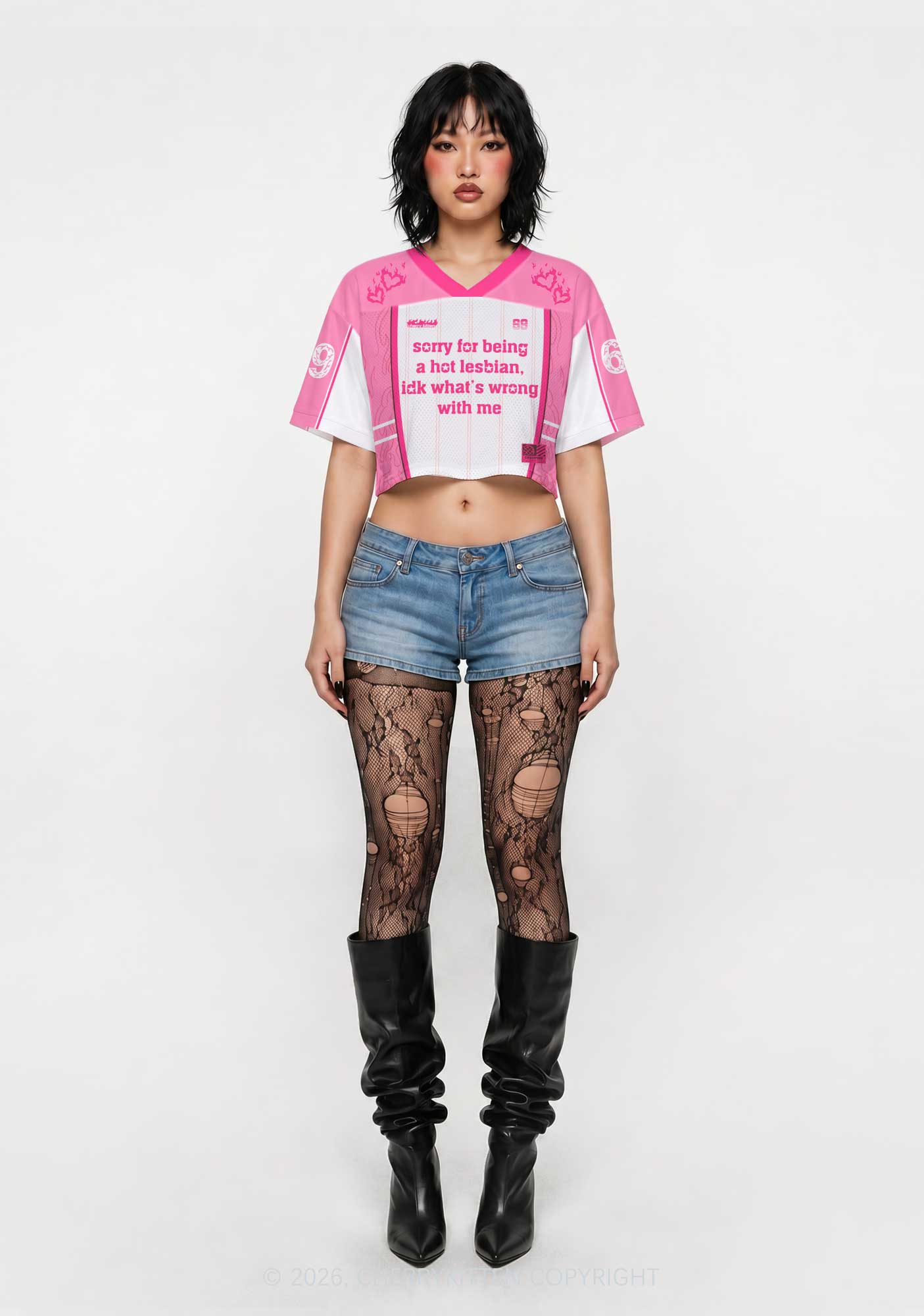 Pink Sorry For Being Hot Lesbian Pride Y2K Crop Sport Jersey Shirts Cherrykitten