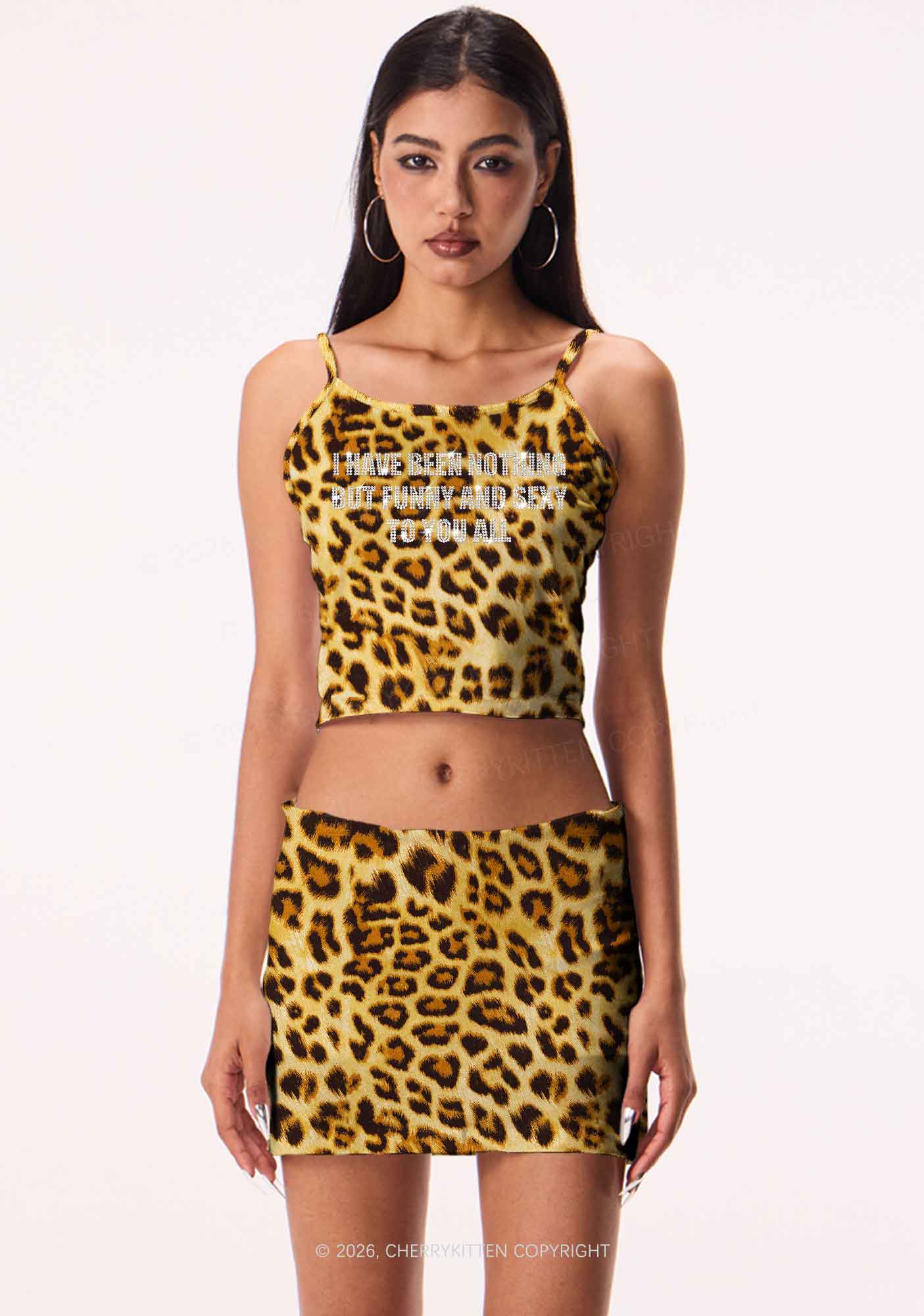 Rhinestone I Have Been Funny Y2K Brown Leopard Print Cami Crop Top Cherrykitten