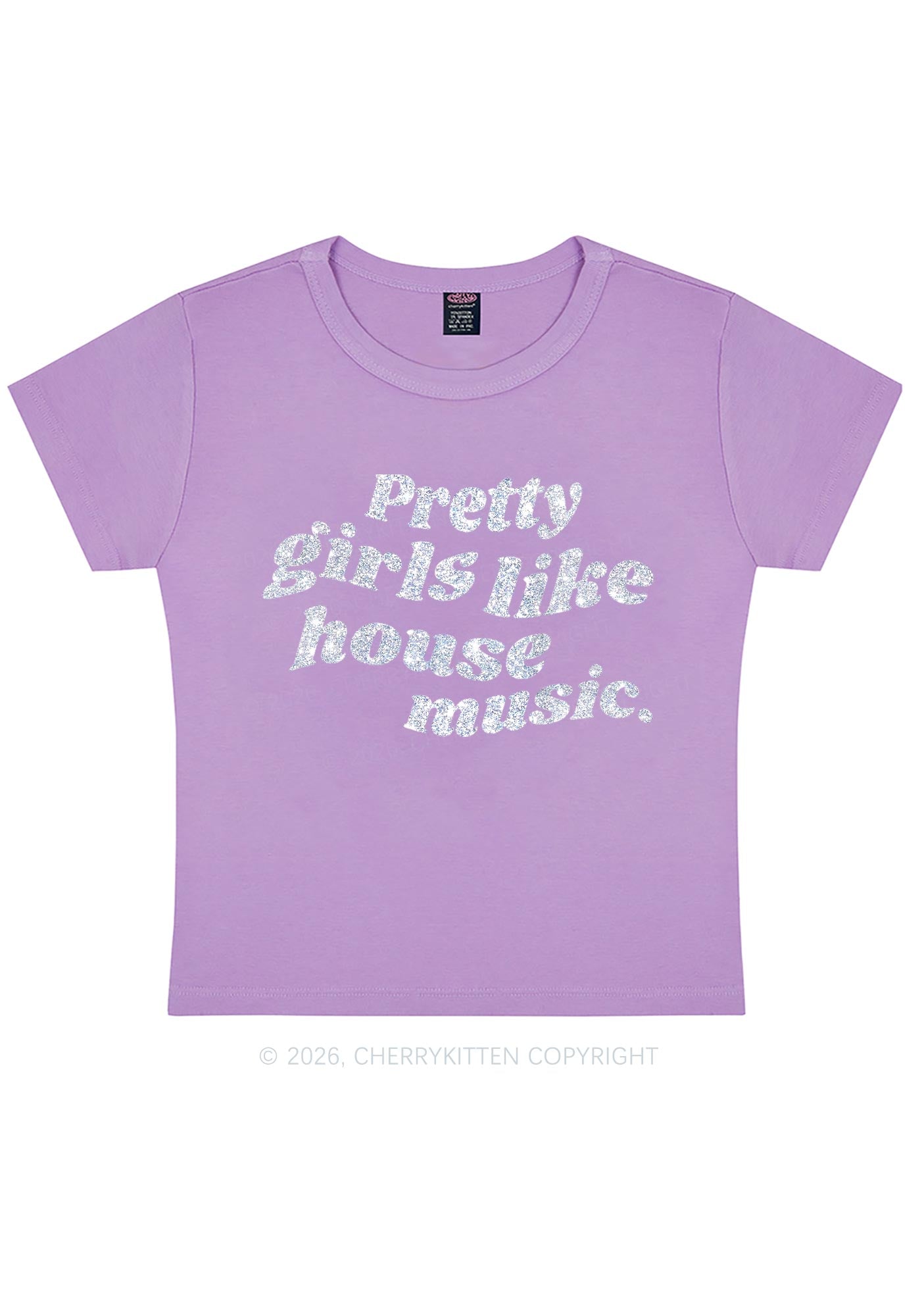 Glitter Pretty Girls Like House Music Y2K Baby Tee Cherrykitten