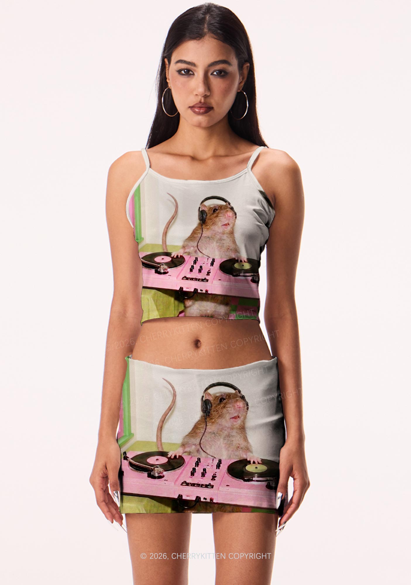 Dj Rat Pink Turntable Y2K Print Mini Skirt Cherrykitten