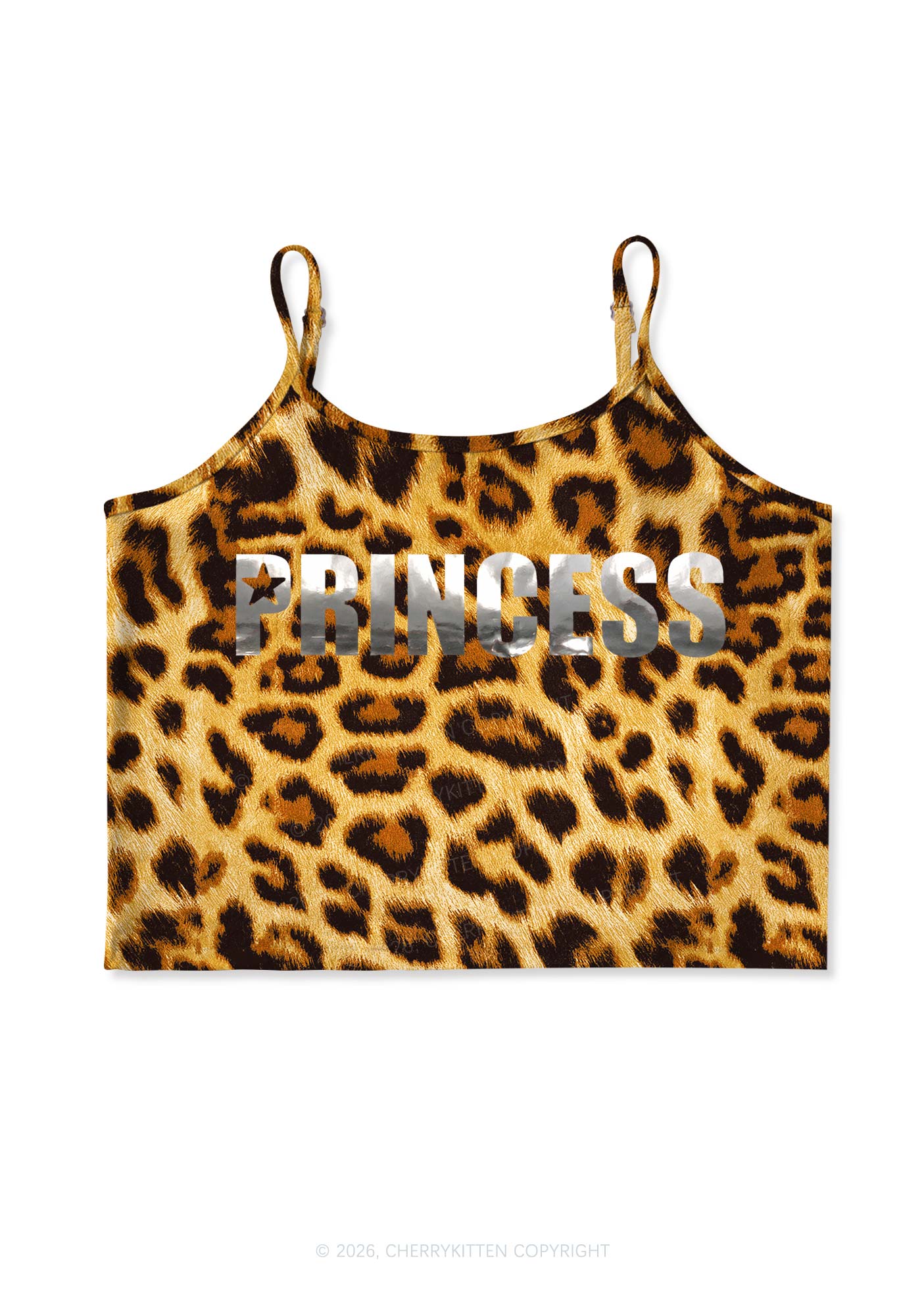 Princess Silver Foil Printed Y2K Brown Leopard Print Cami Crop Top Cherrykitten
