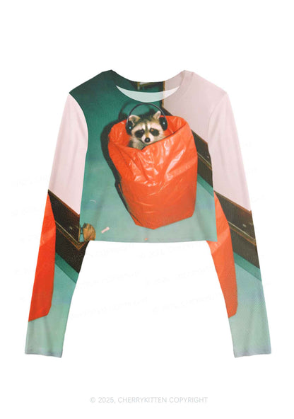Raccoon With Headphones Y2K Mesh Long Sleeve Crop Top Cherrykitten