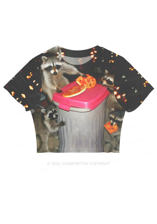 Raccoons Pizza Party Y2K Mesh Crop Top Cherrykitten