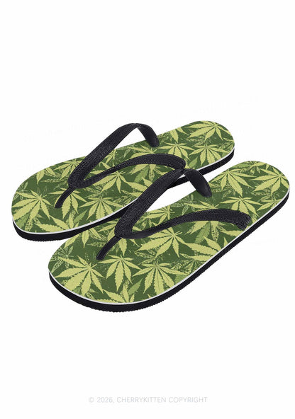 Green Wxxd Leaf Y2K Print Flip Flops Cherrykitten