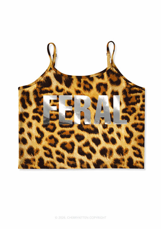 Feral Silver Foil Printed Y2K Brown Leopard Print Cami Crop Top Cherrykitten