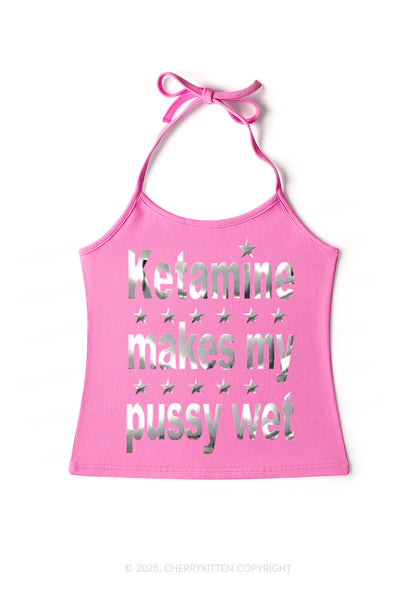 K Makes My Puxxy Wet Silver Foil Printed Y2K Halter Neck Cami Cherrykitten